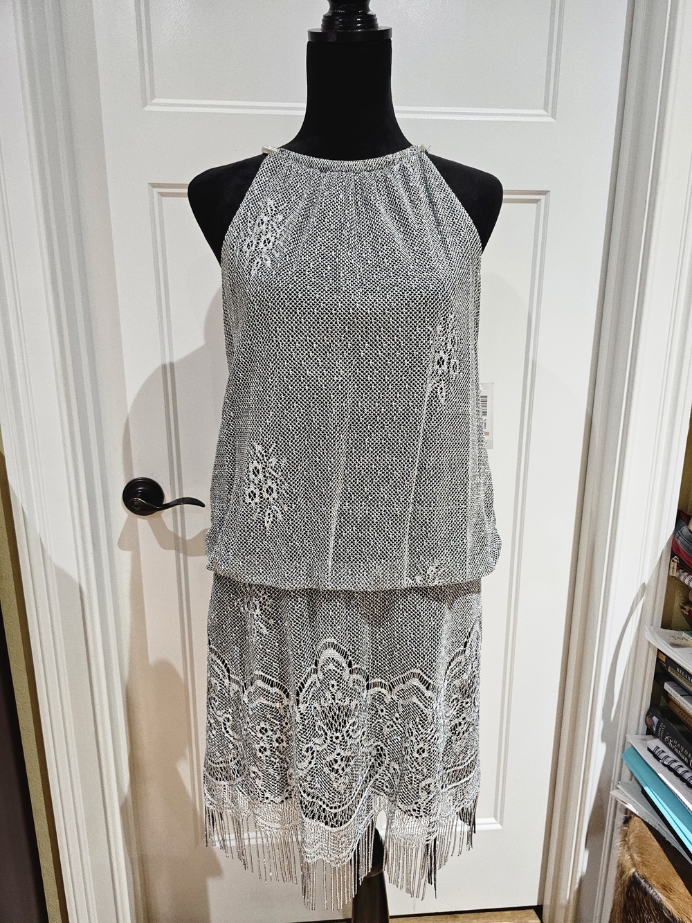 Halter Neck Black and Silver Fringe Cocktail Dress, NWT